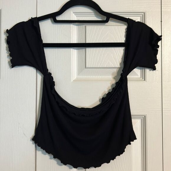 ASOS US Size 6 Black Sleeveless Crop Top Ribbed Ruffle Cold Shoulder Ruffle - Picture 1 of 6